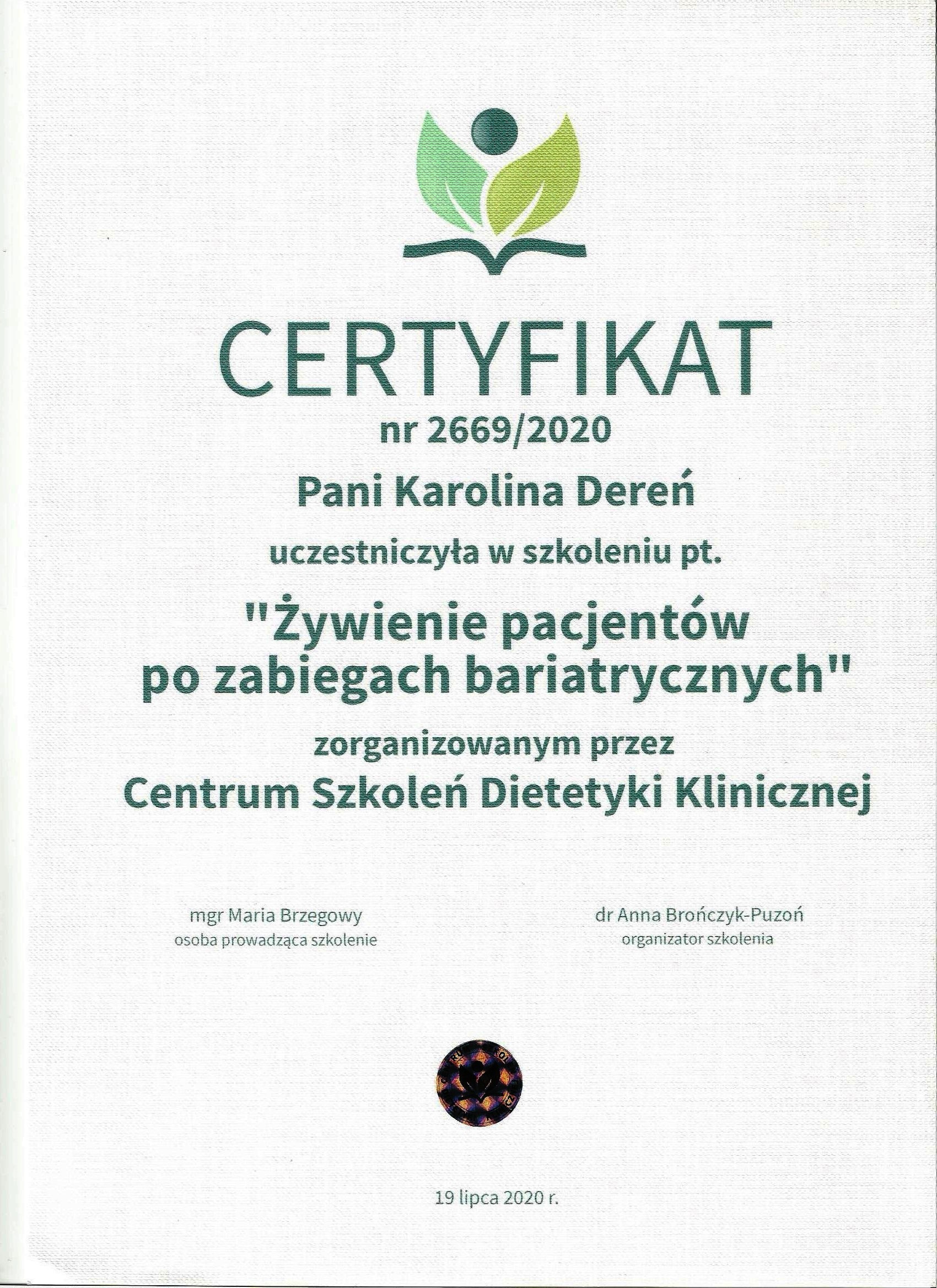 karolina deren dietetyk certyfikat 2