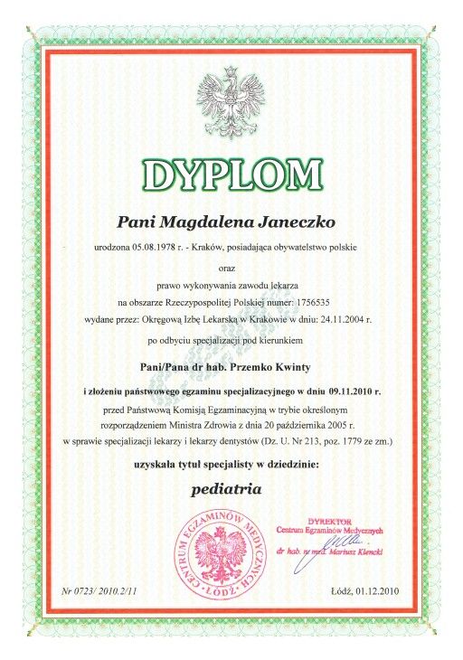 magdalena janeczko certyfikat  pediatra