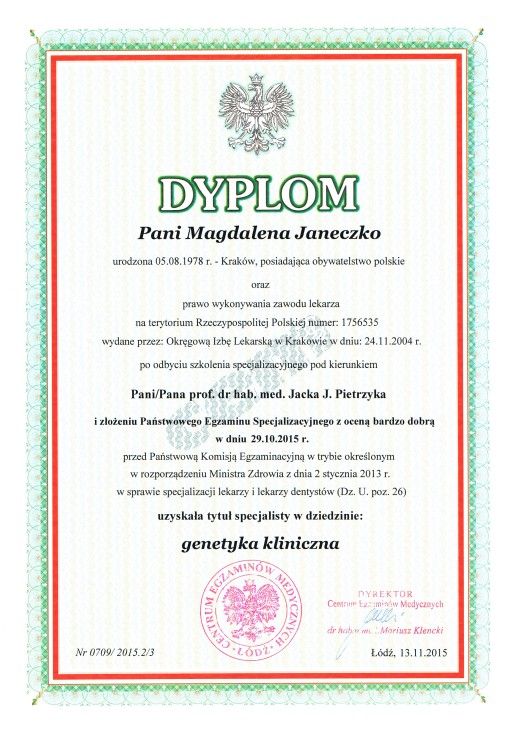 magdalena janeczko certyfikat genetyka kliniczna