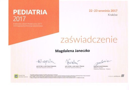 magdalena janeczko certyfikat krakow pediatra 2017
